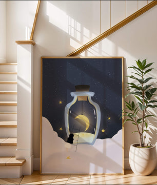 Fantasy Scene with Girl and Moon in a Bottle