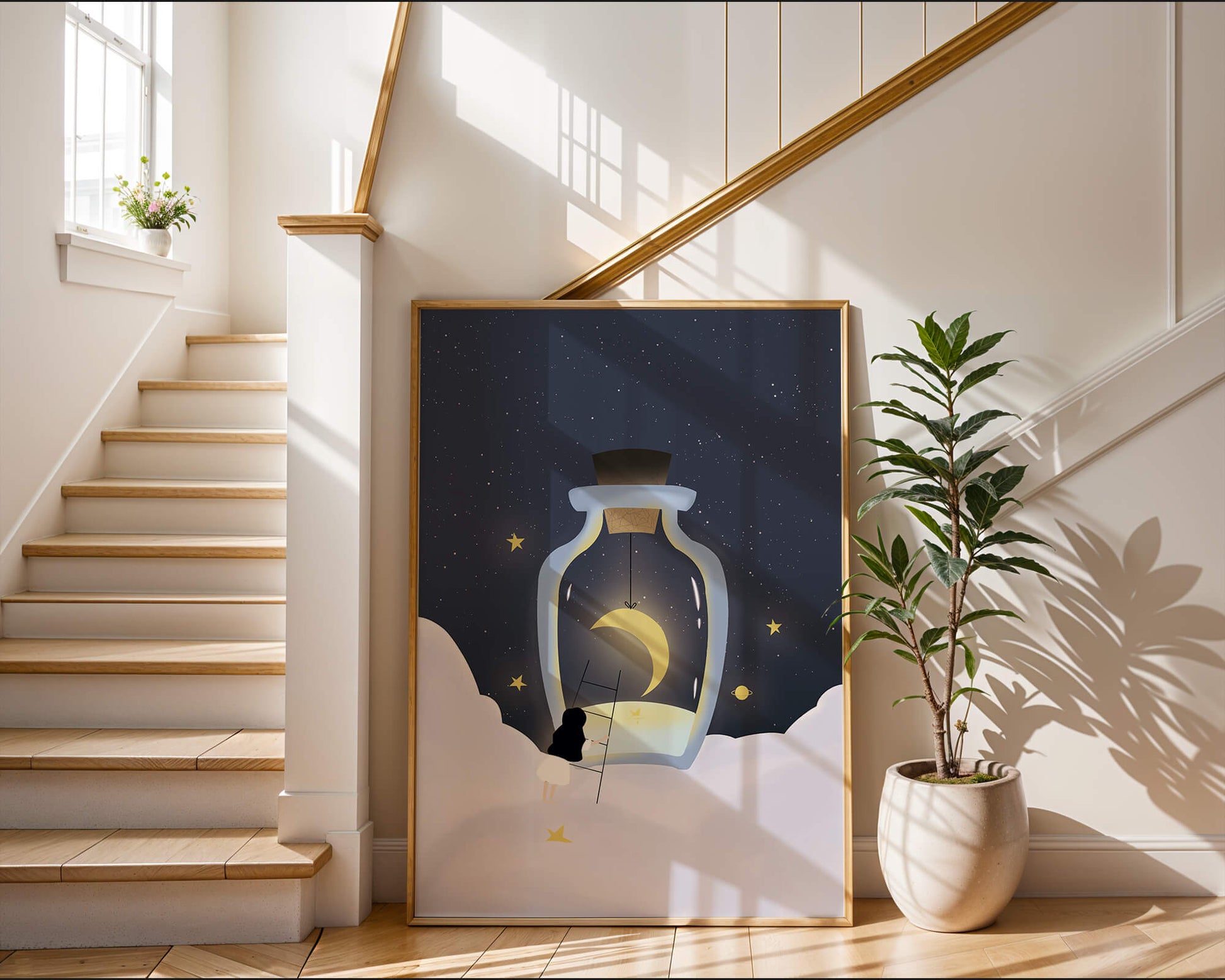Fantasy Scene with Girl and Moon in a Bottle