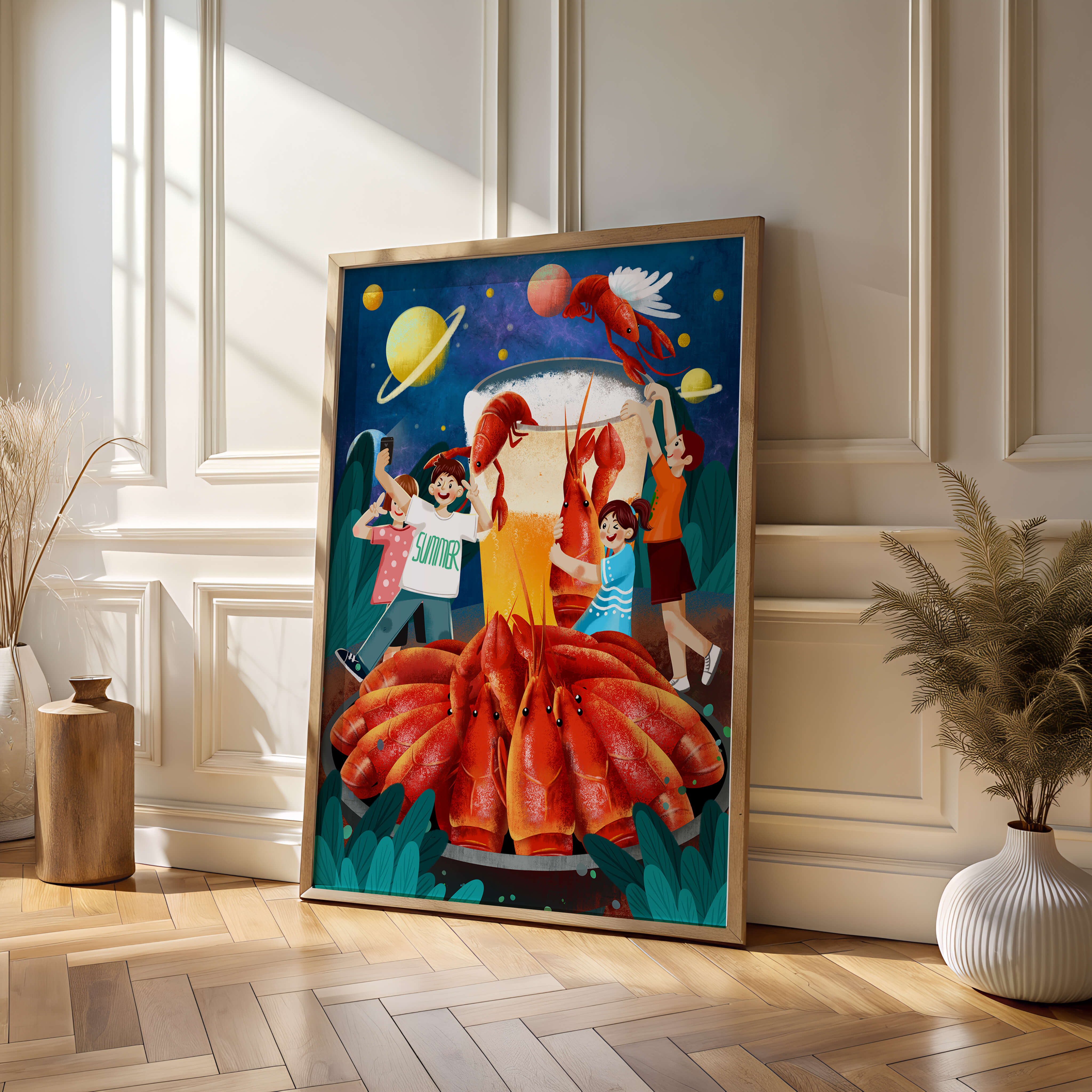Fantasy illustration with cosmic lobsters and friends enjoying a summer feast