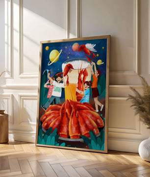 Ilustración de fantasía con langostas cósmicas y amigos disfrutando de un banquete de verano