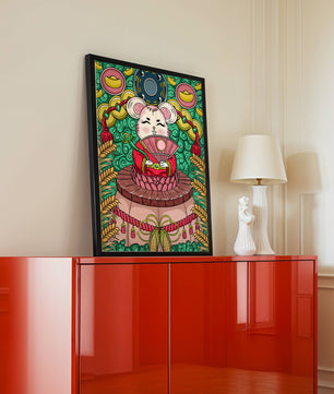Ratón decorativo encantador con elementos asiáticos y monedas sobre un fondo vibrante