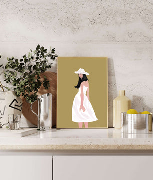 Woman in a white dress and hat on a gold background