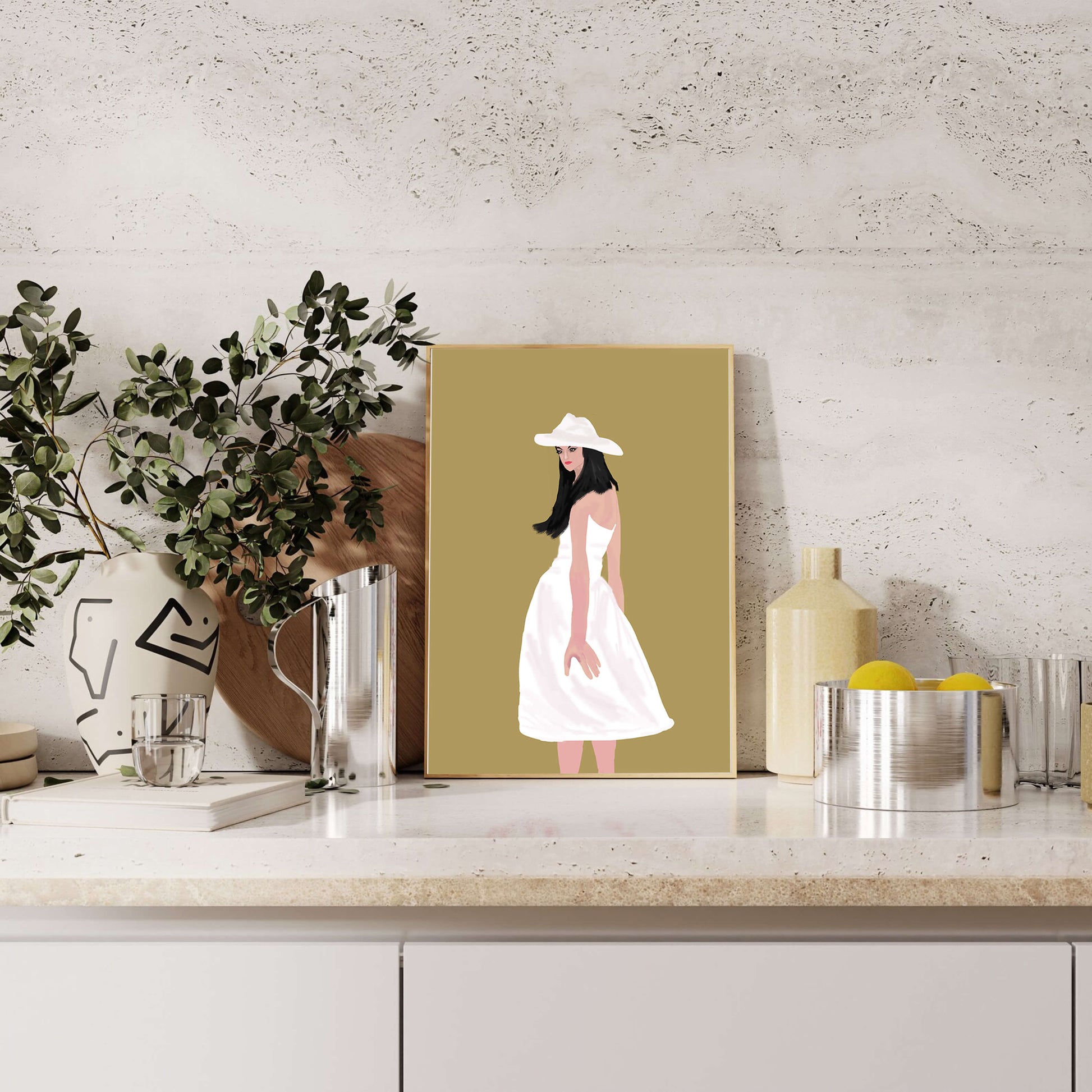 Woman in a white dress and hat on a gold background