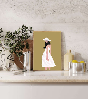 Woman in a white dress and hat on a gold background