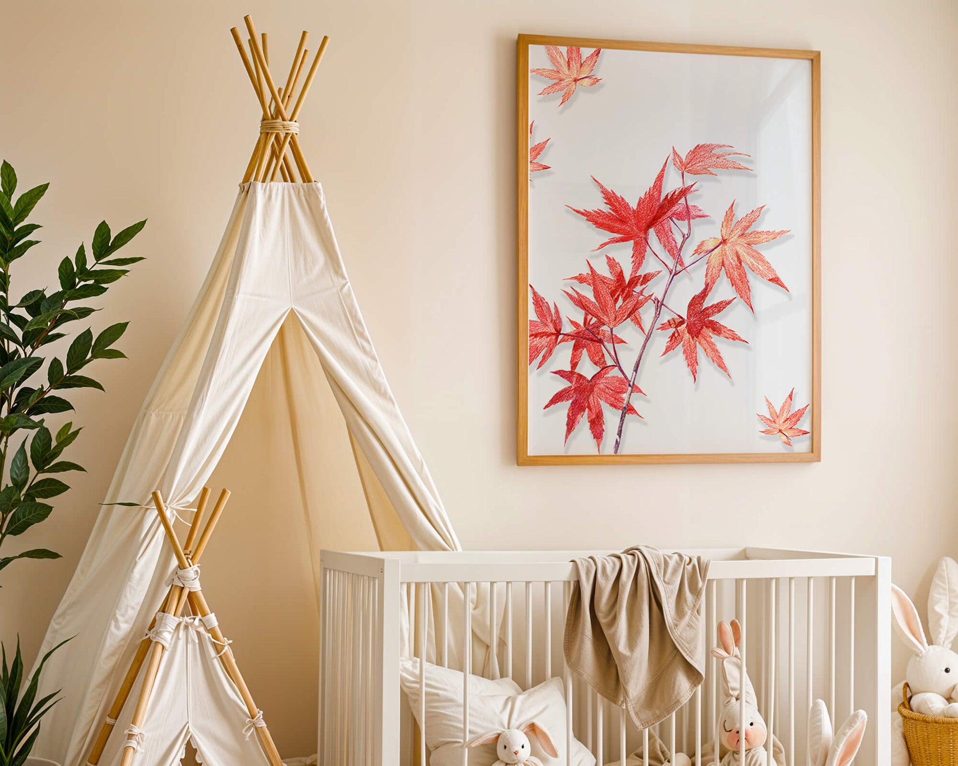 Delicate red maple leaves on white background