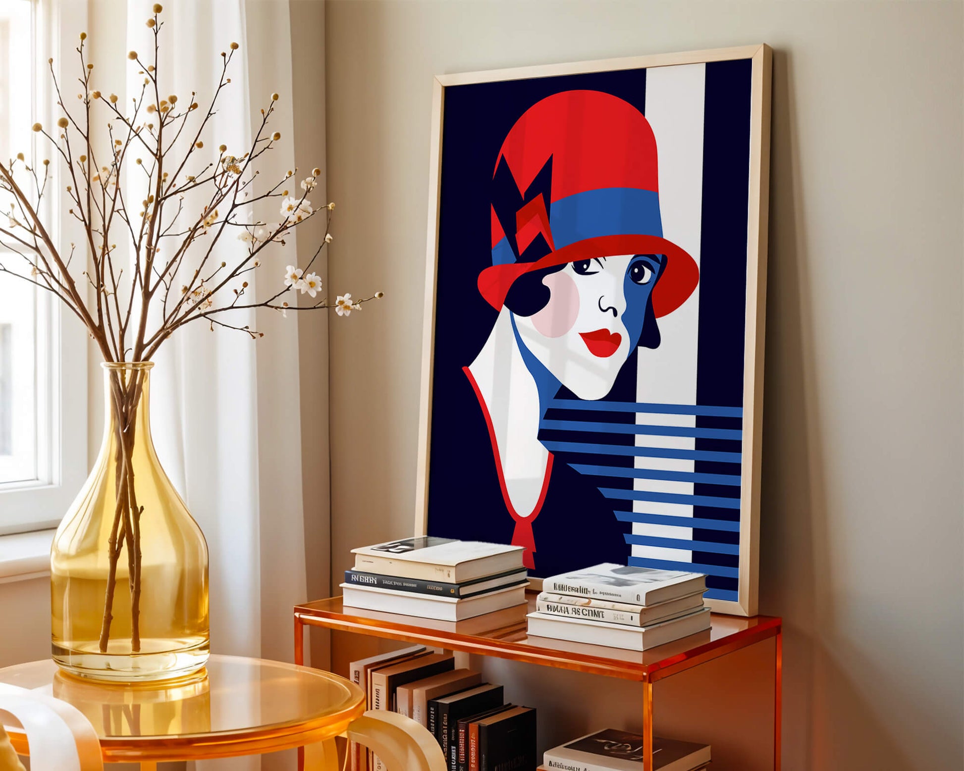 Elegante mujer de estilo art déco con sombrero cloche rojo y patrones geométricos.