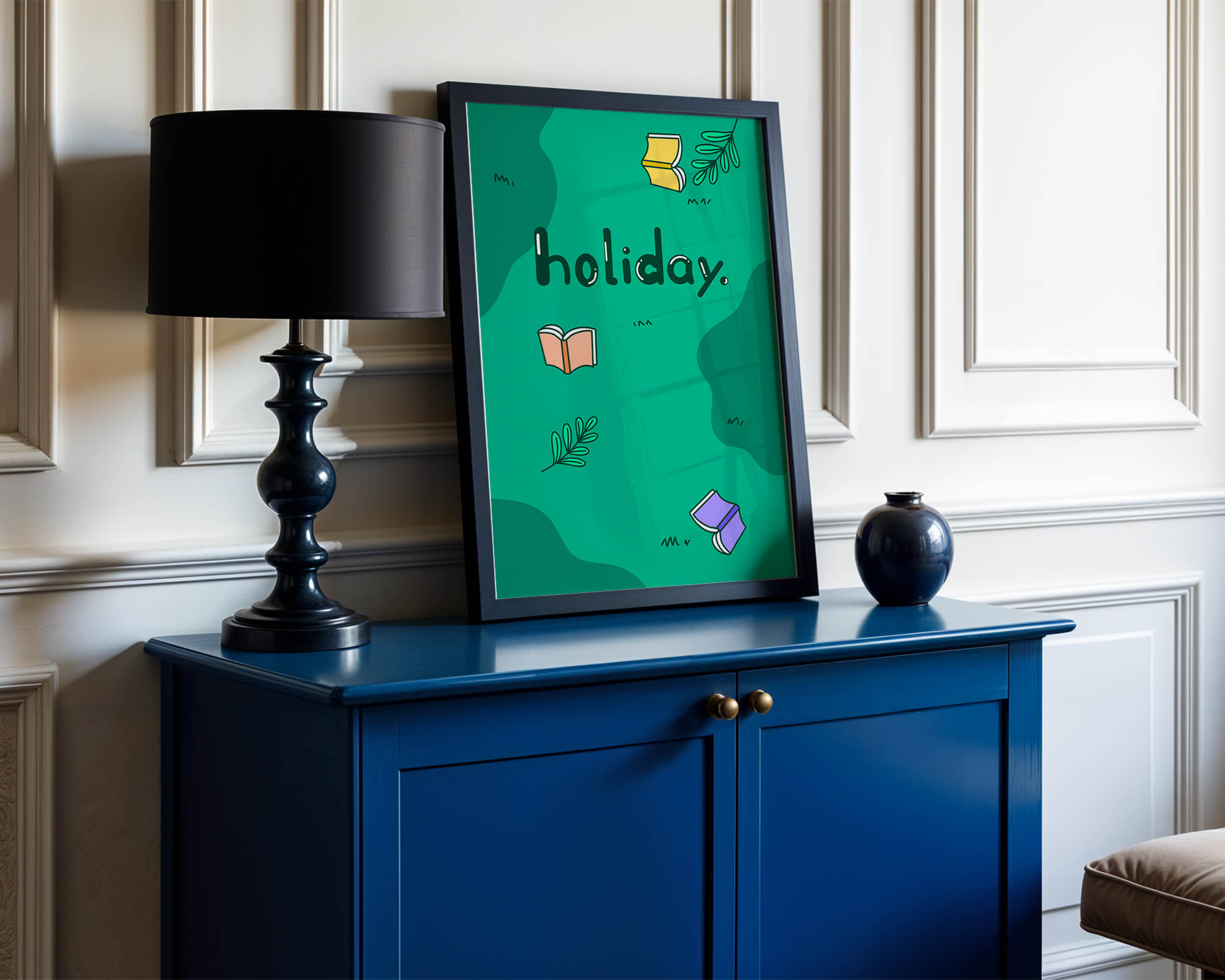 Colorful holiday-themed design with books and leaves