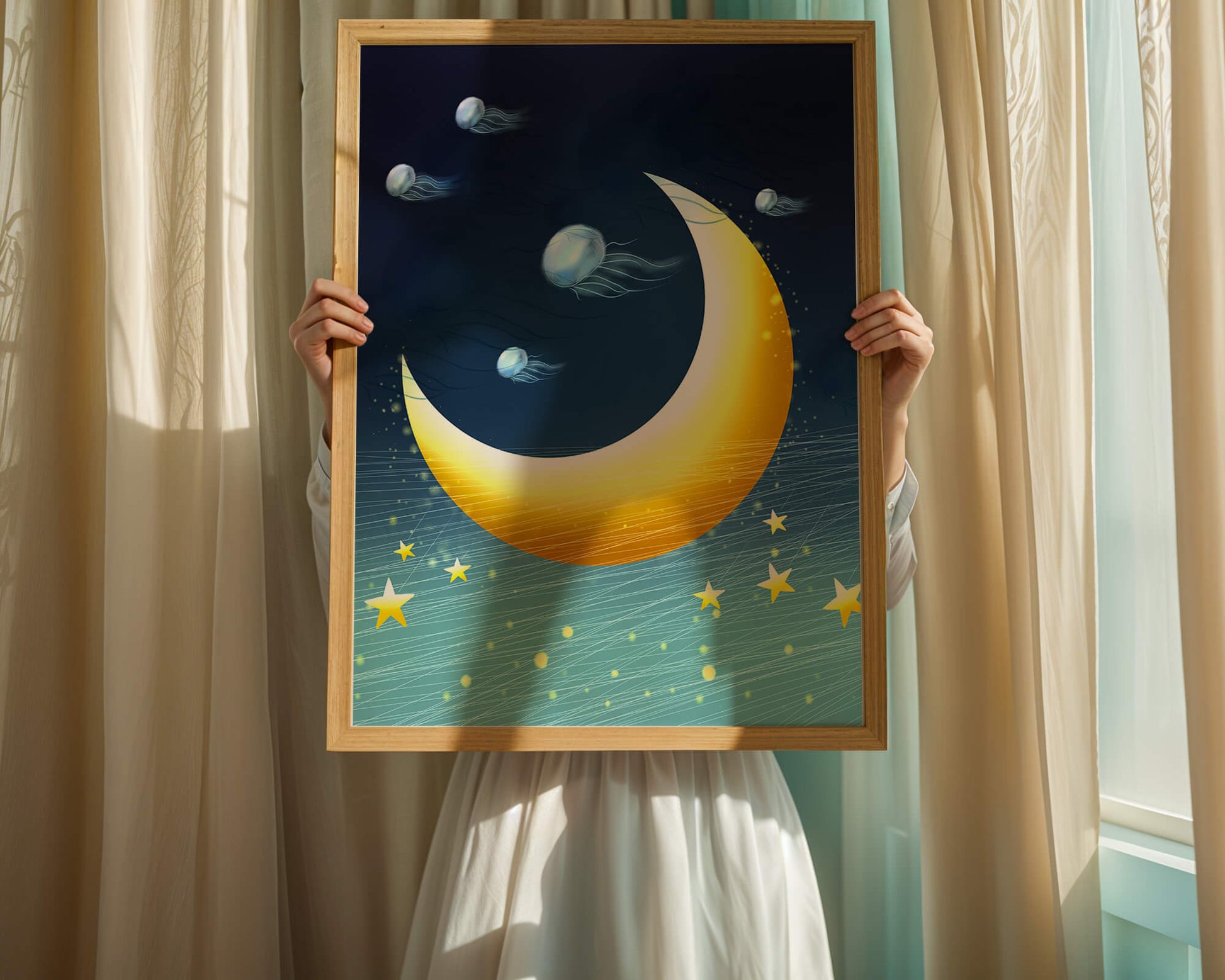 Night sky with golden crescent moon and jellyfish drifting