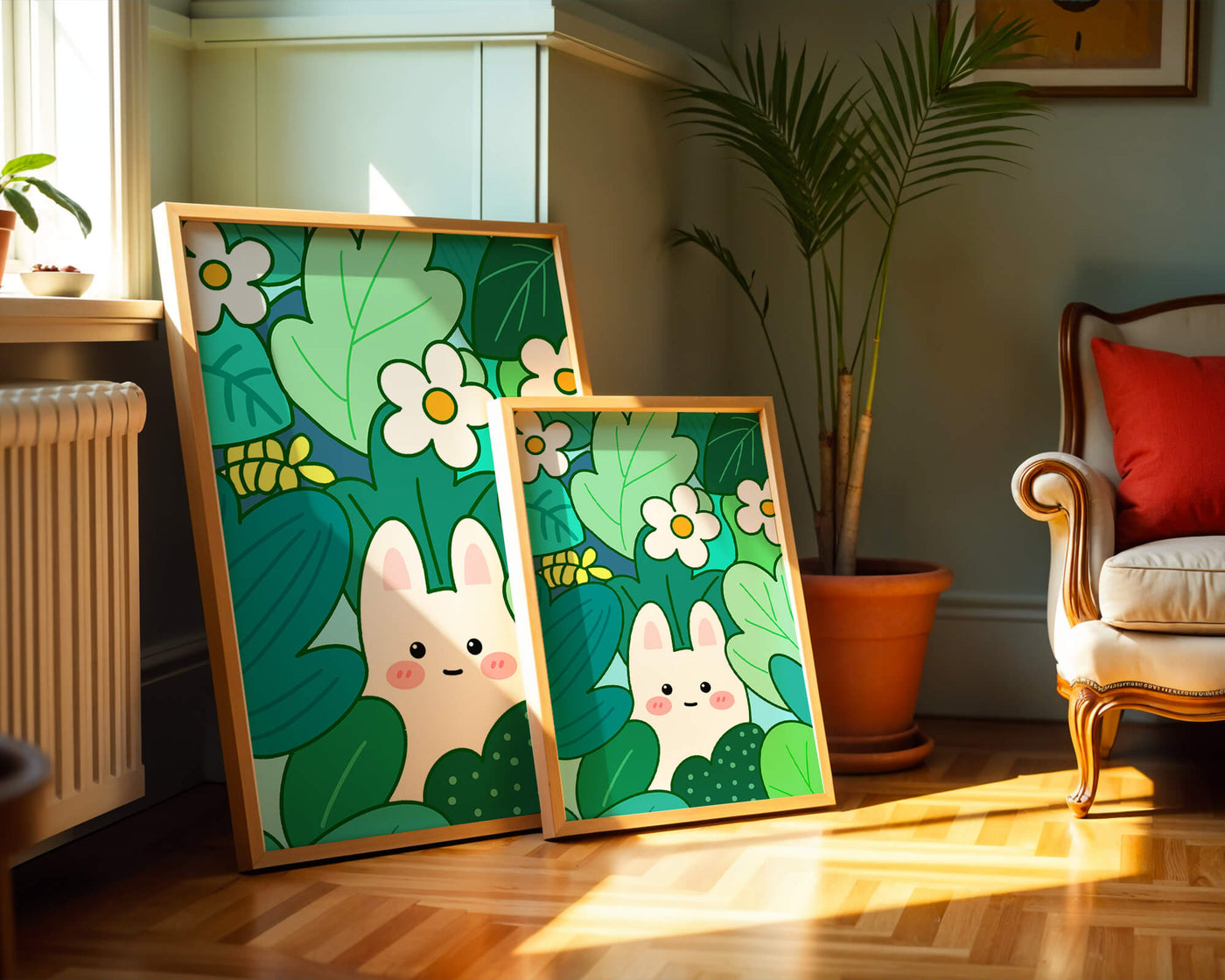 Illustration of a cute rabbit hidden among flowers and greenery