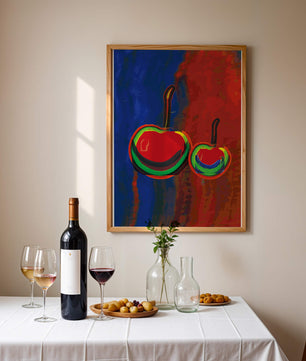 Pintura abstracta de cerezas con colores vibrantes