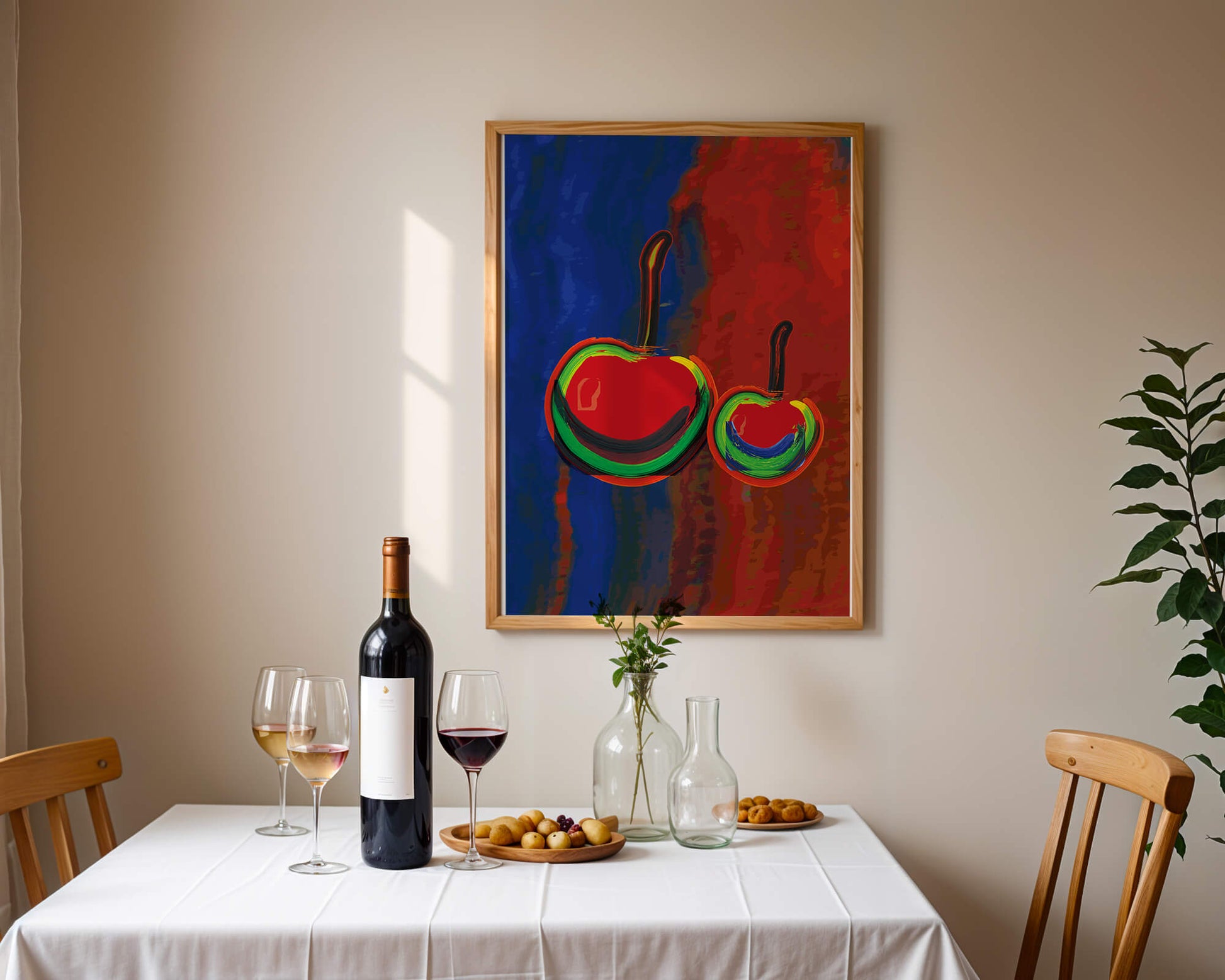Pintura abstracta de cerezas con colores vibrantes.