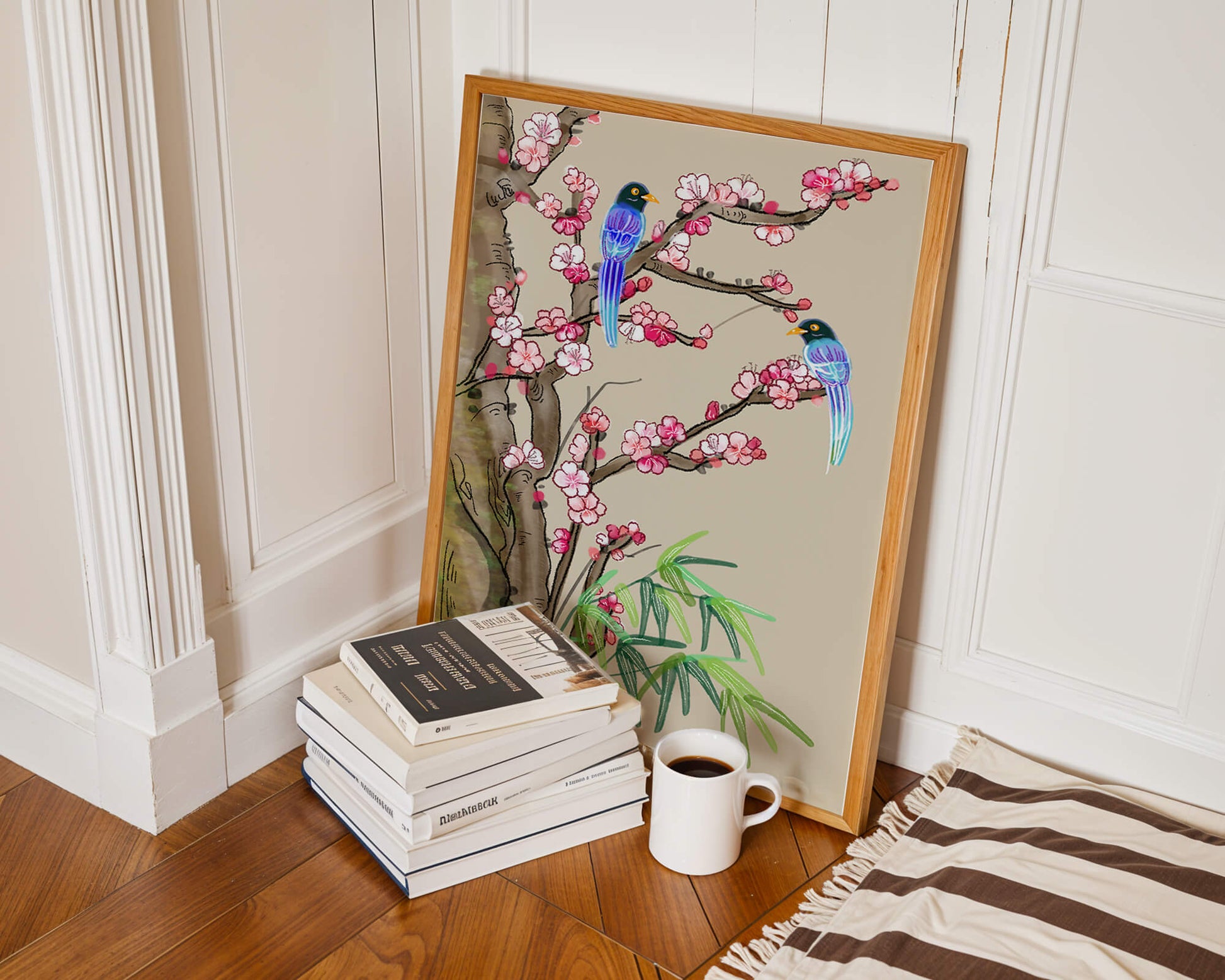 Illustration sereine d’oiseaux sur des branches en fleurs avec des feuilles de bambou