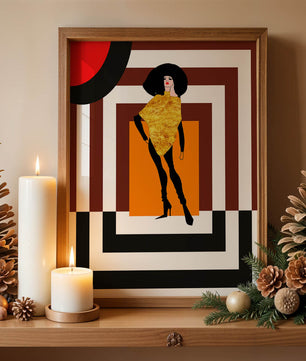 Ilustración de moda con figura en dorado y fondo geométrico
