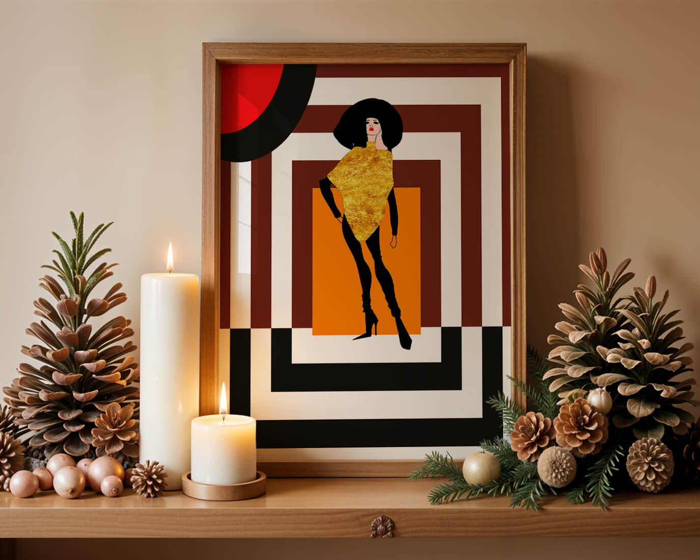 Fashion Illustration with Figure in Gold and Geometric Background