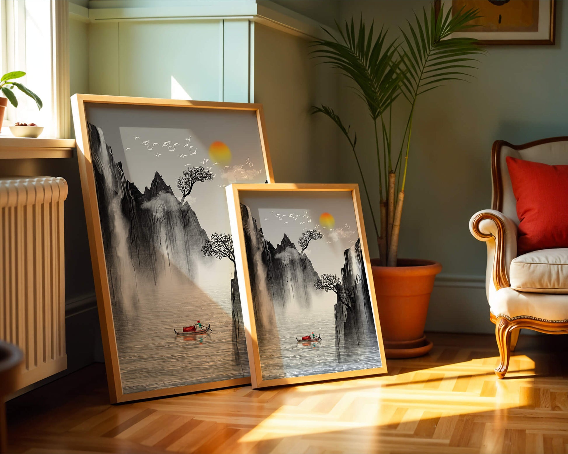 Serene landscape with mountains, river, and a boat under the sun