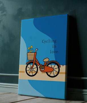 Bicicleta colorida con un regalo en la cesta sobre fondo azul
