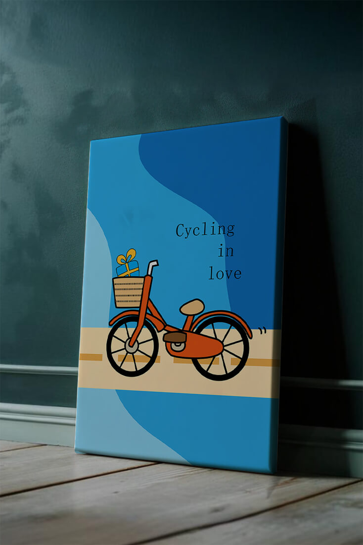 Colorful bicycle with a gift in basket against blue background