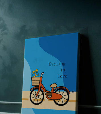 Colorful bicycle with a gift in basket against blue background