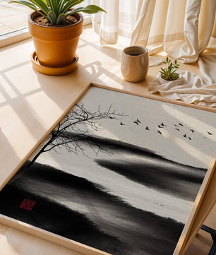 Minimalist Landscape with Silhouetted Tree and Birds