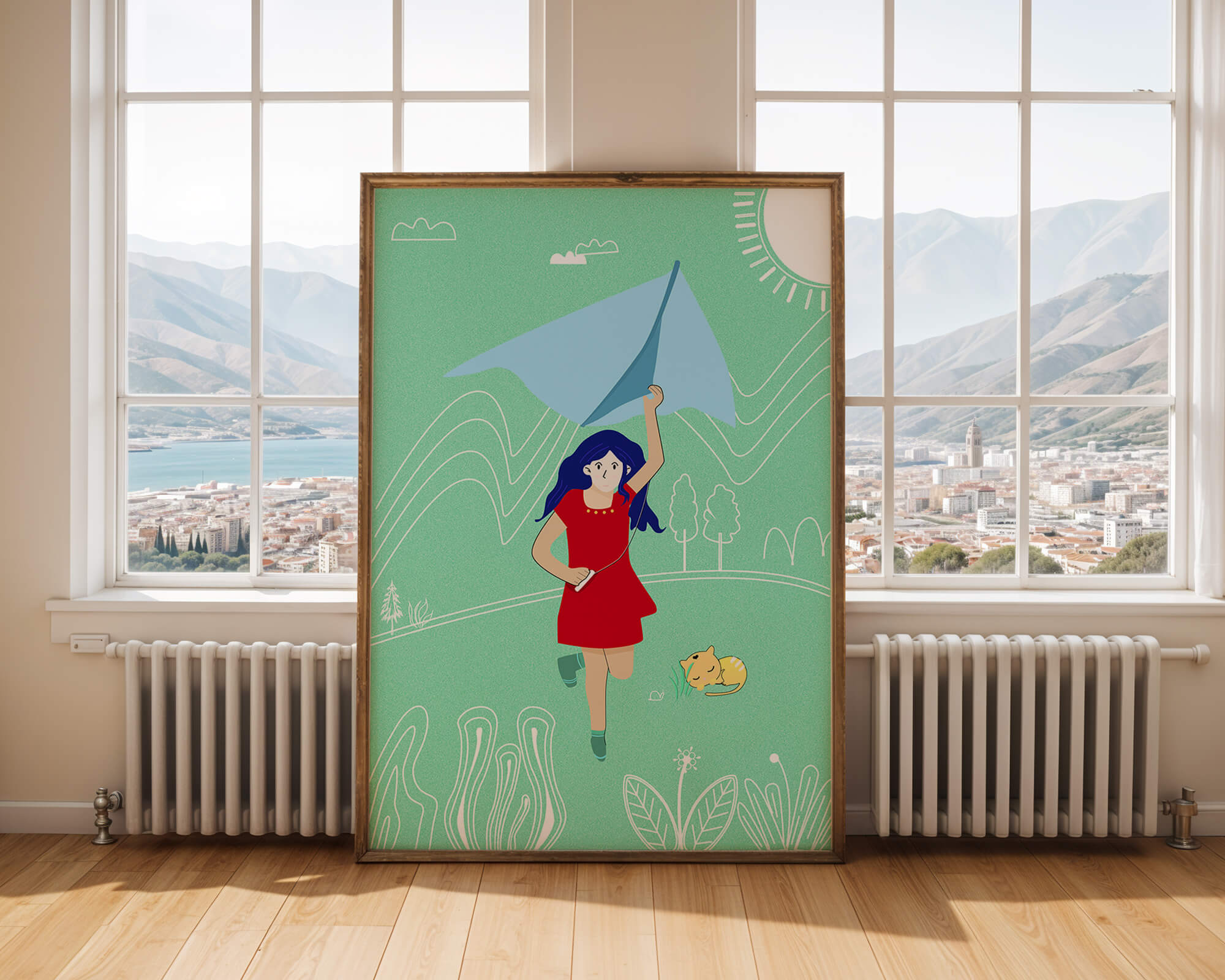 Illustration of a girl with a kite in a whimsical landscape