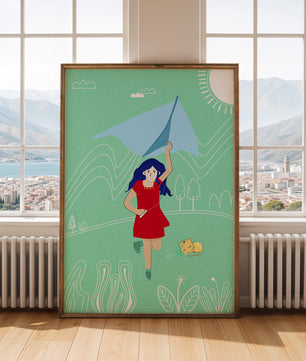 Illustration d'une fille avec un cerf-volant dans un paysage fantaisiste