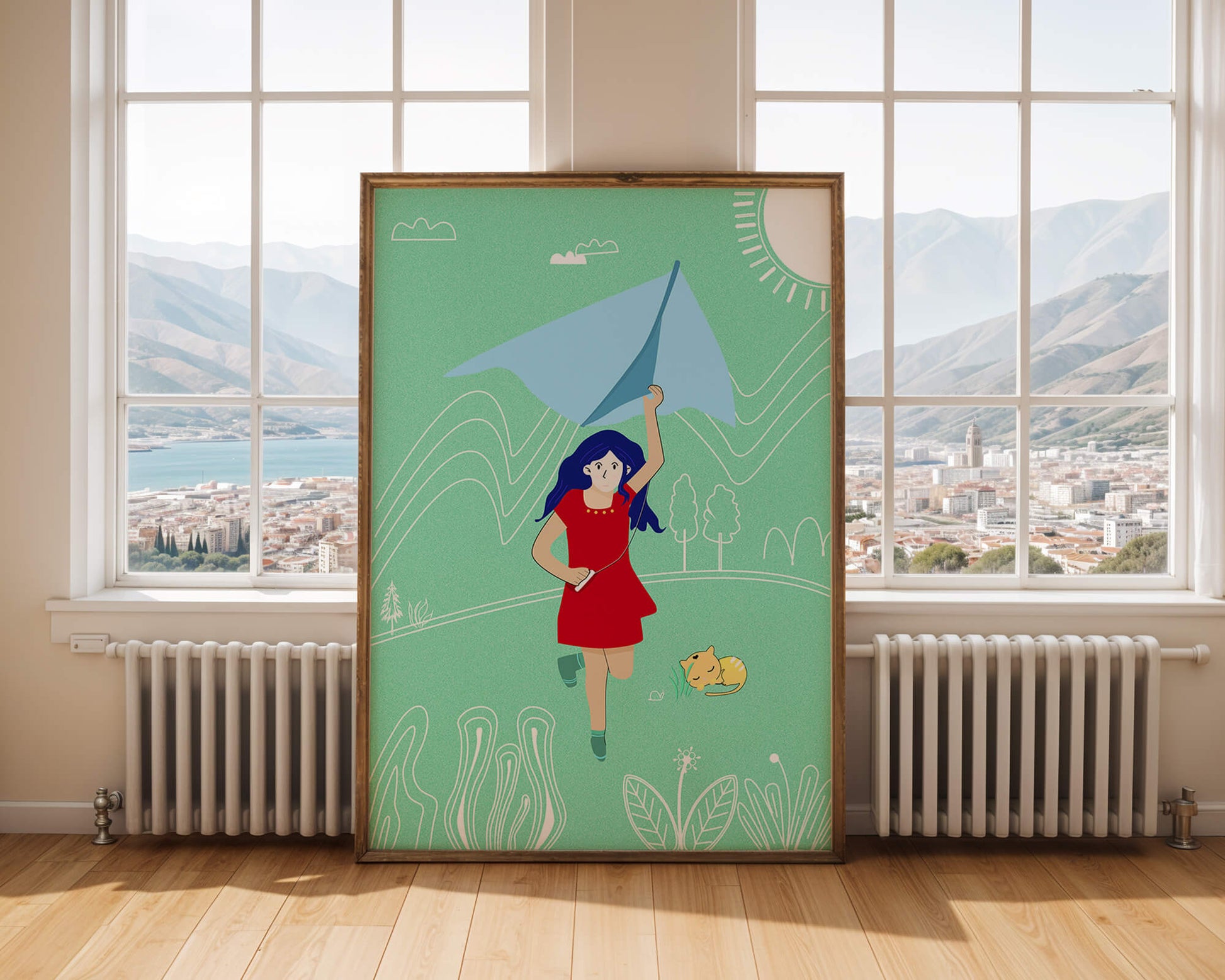 Illustration of a girl with a kite in a whimsical landscape