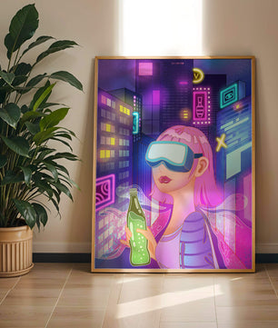 Escena urbana futurista con luces de neón y elementos de realidad virtual
