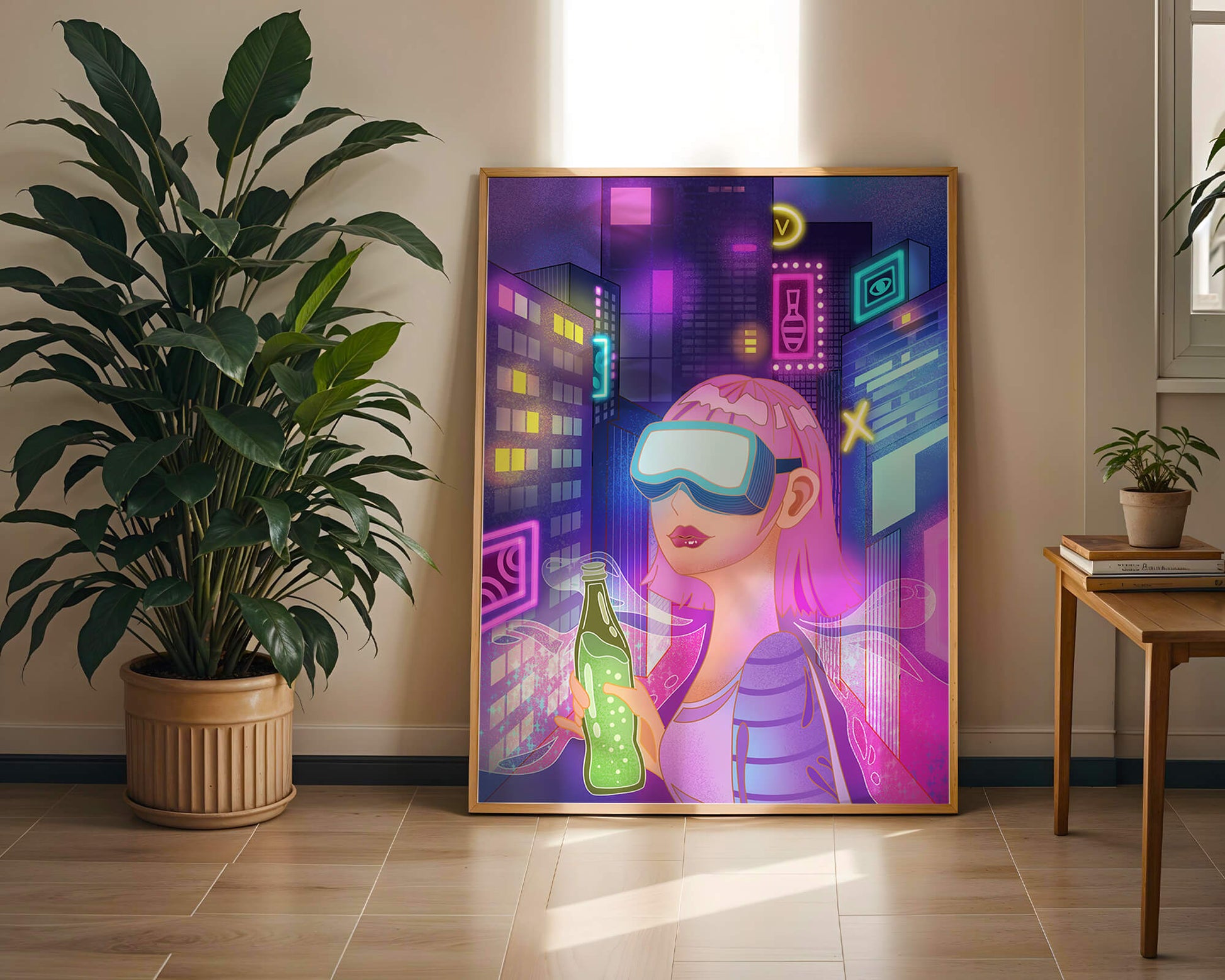 Futuristic urban scene with neon lights and virtual reality elements