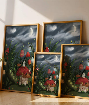 Enchanted night scene with glowing mushrooms and moonlit sky