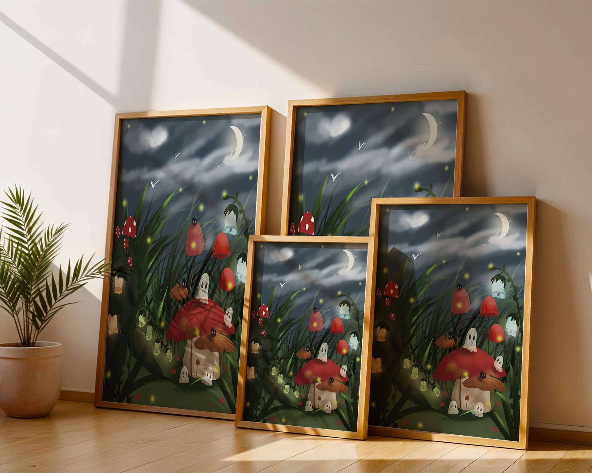 Enchanted night scene with glowing mushrooms and moonlit sky