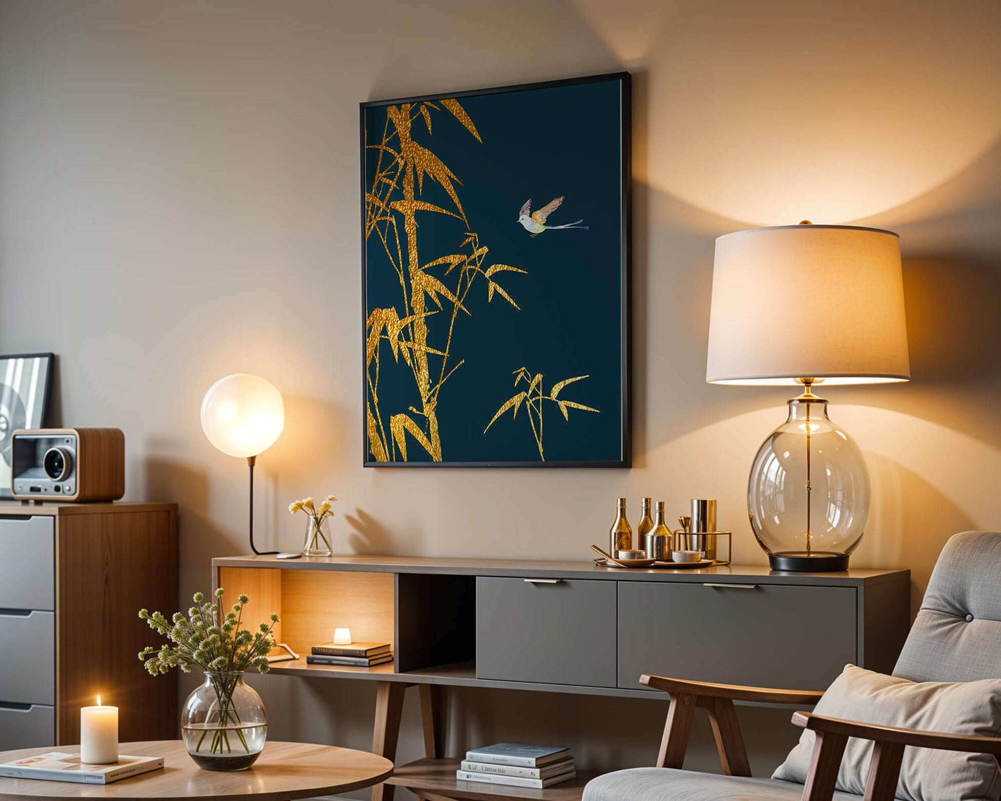Golden bamboo and bird against a deep blue background