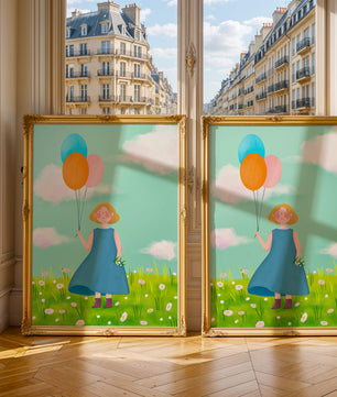 Girl with balloons in a field of daisies under a blue sky