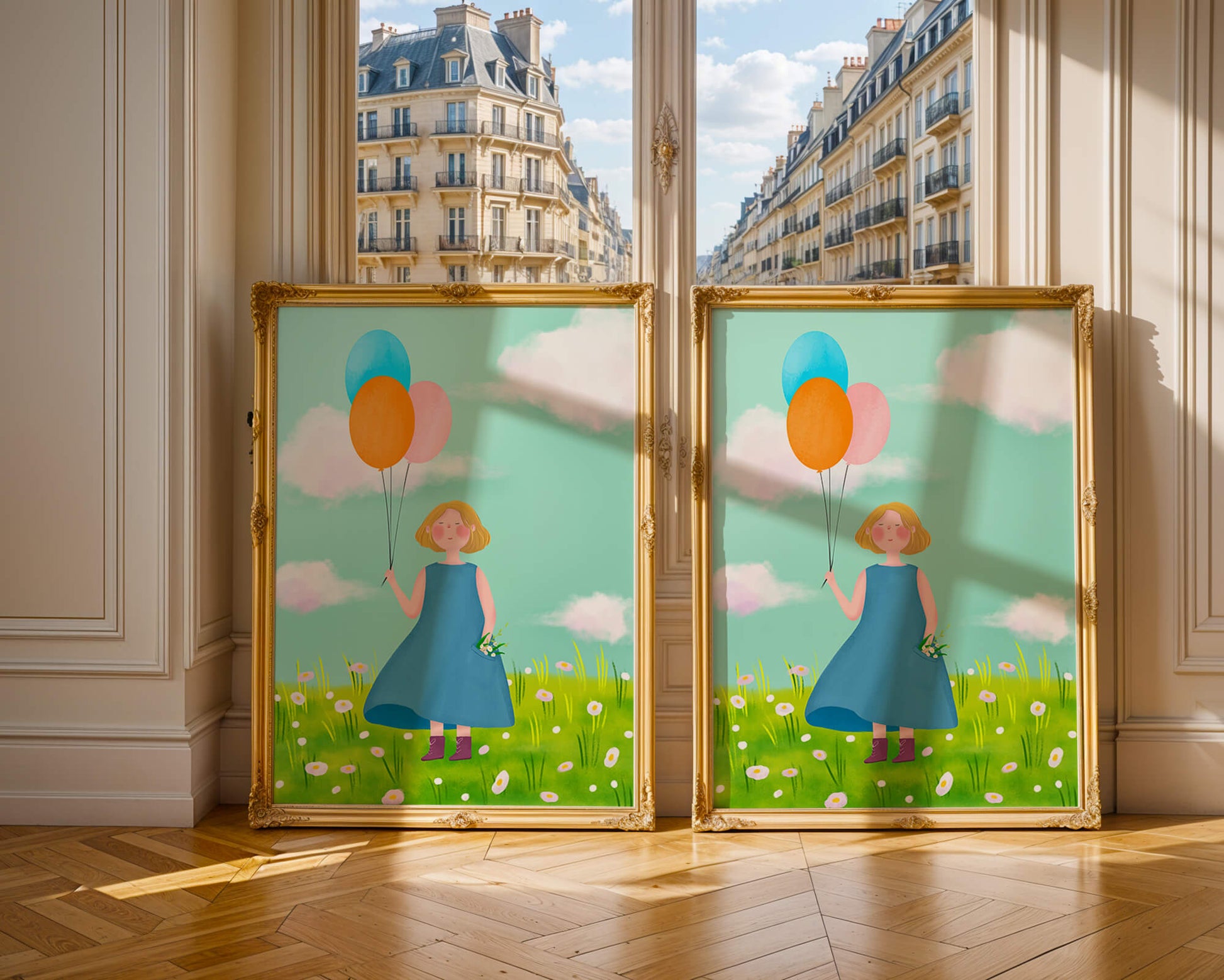Girl with balloons in a field of daisies under a blue sky