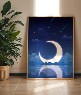 Serene night sky with crescent moon reflecting on water