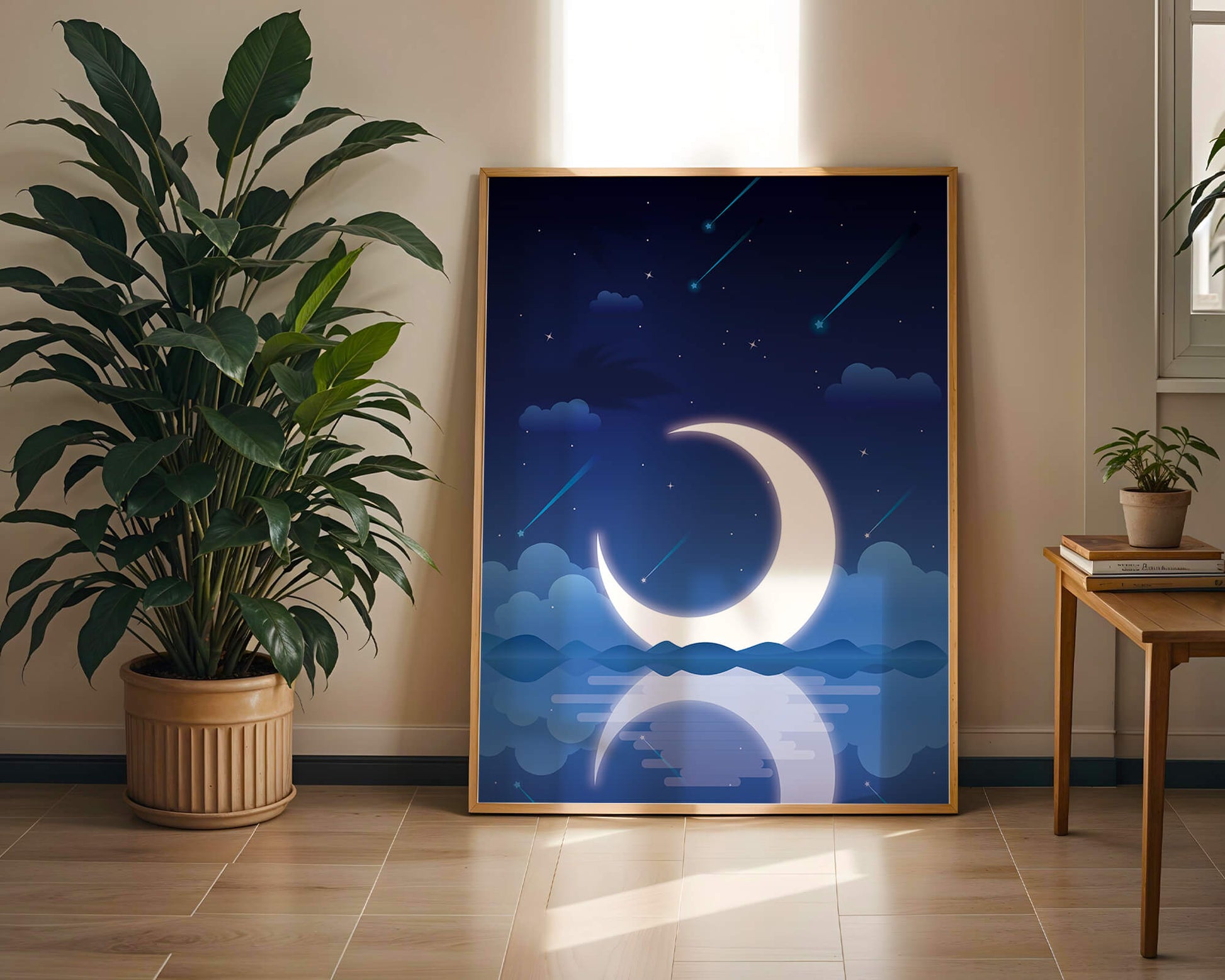Serene night sky with crescent moon reflecting on water