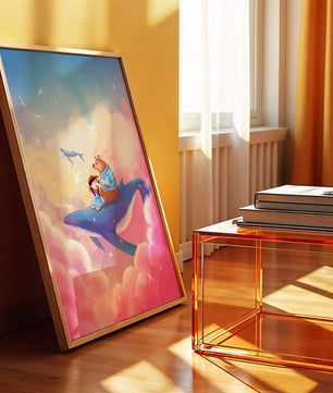 Fantasy illustration of girl and bear riding a whale through colorful clouds