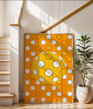 Colorful geometric pattern with white polka dots on orange background