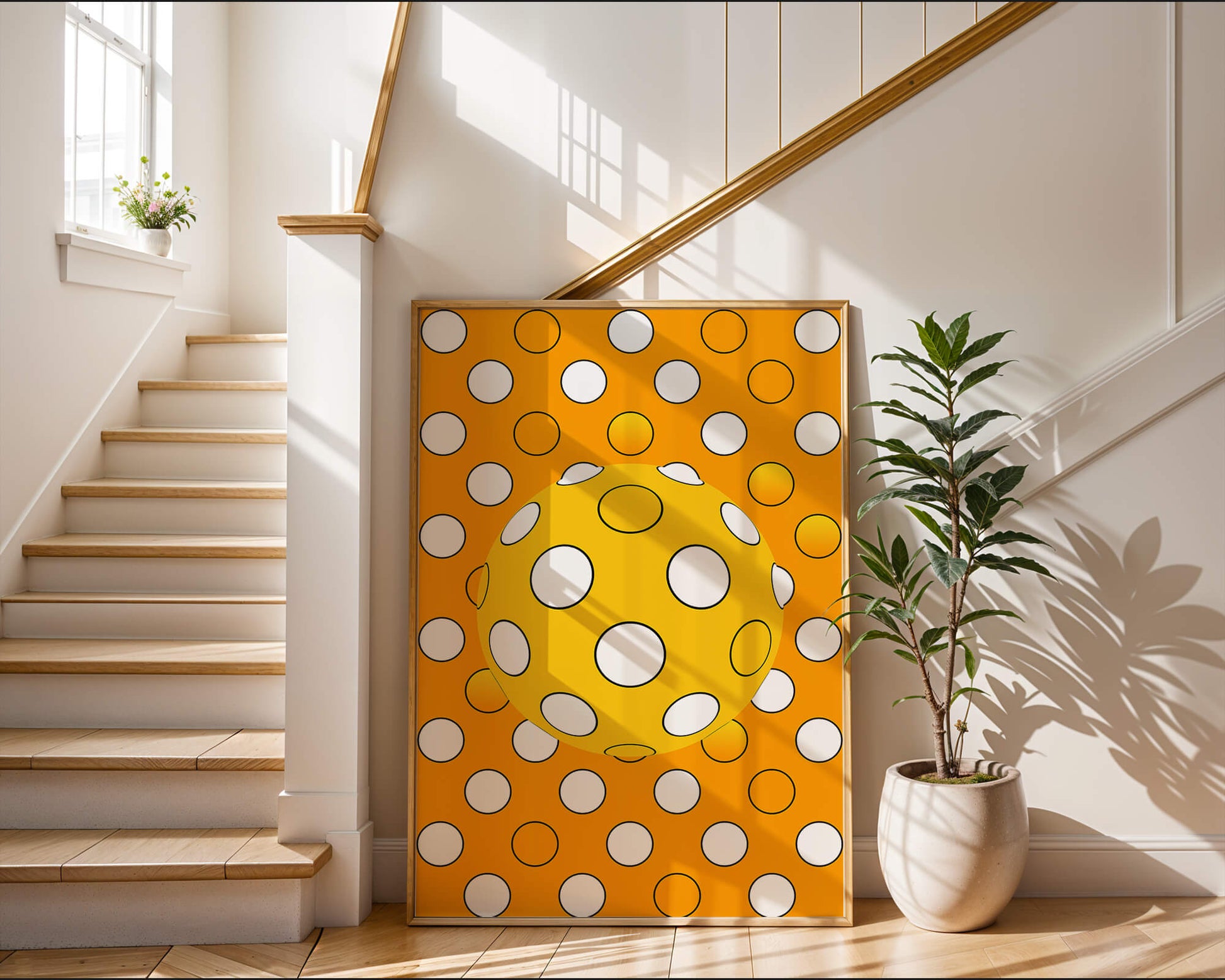 Colorful geometric pattern with white polka dots on orange background