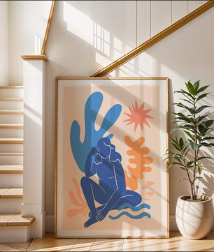 Abstract Illustration of a Blue Silhouette Woman with Organic Shapes