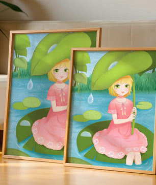 Whimsical Illustration of a Young Girl in a Pink Dress Sitting on a Lily Pad