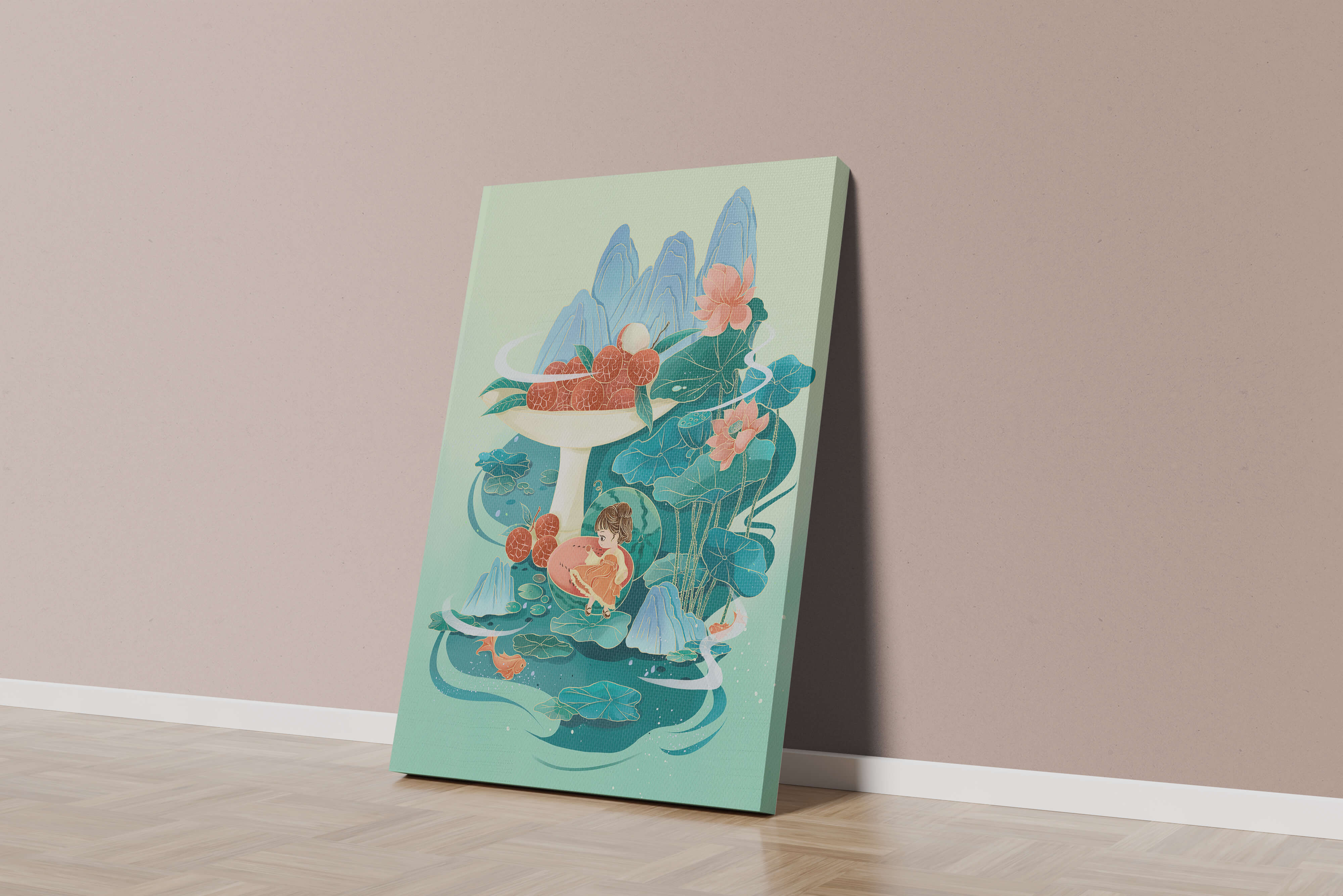 Whimsical illustration with girl, lychee, and lotus flowers