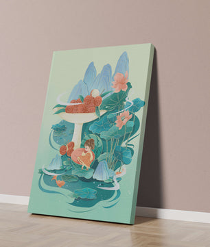 Whimsical illustration with girl, lychee, and lotus flowers