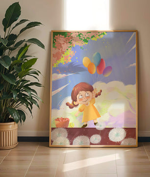 Whimsical illustration of a girl with balloons under vibrant pink blossoms