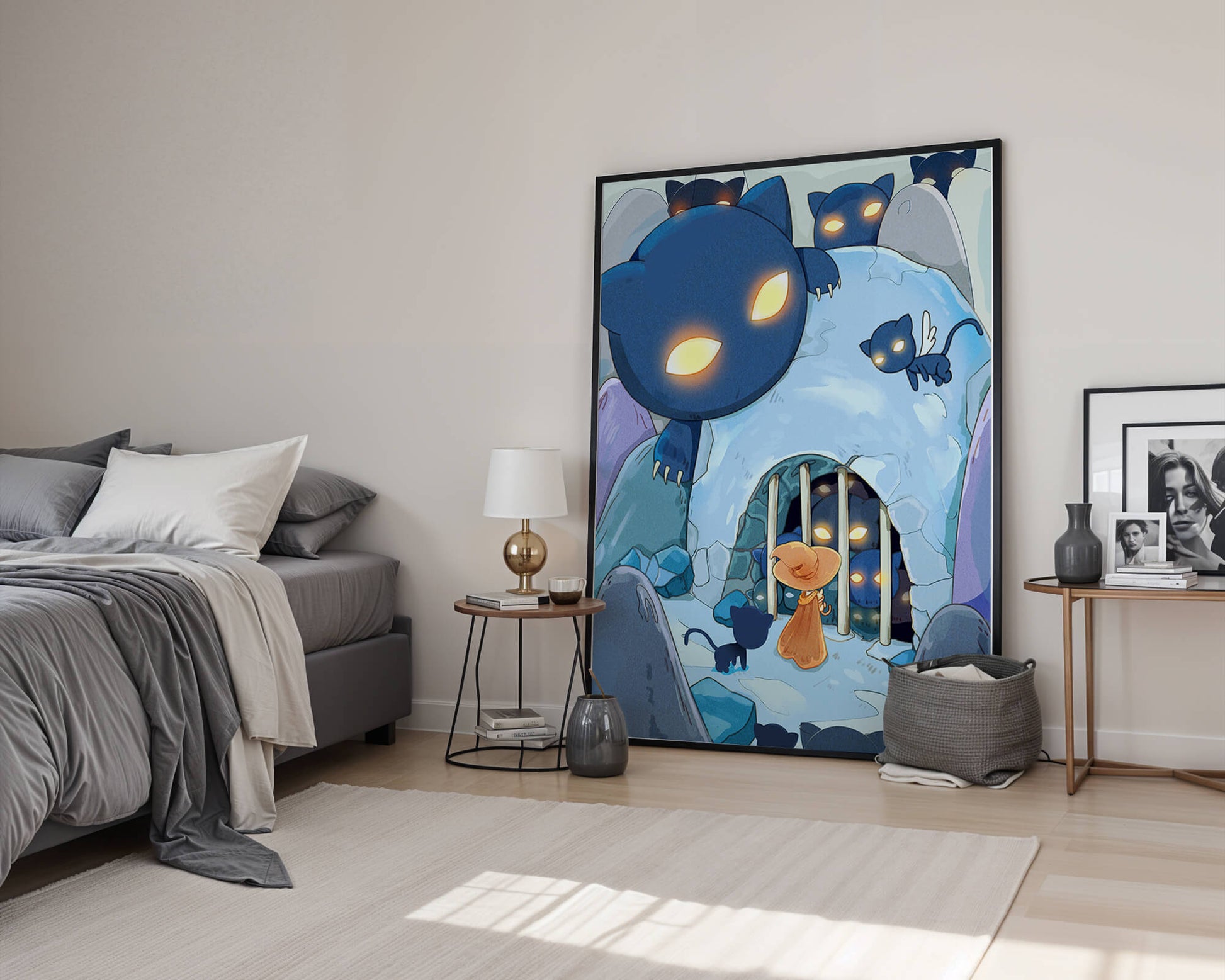 Fantasy scene with glowing-eyed creatures and mysterious cave