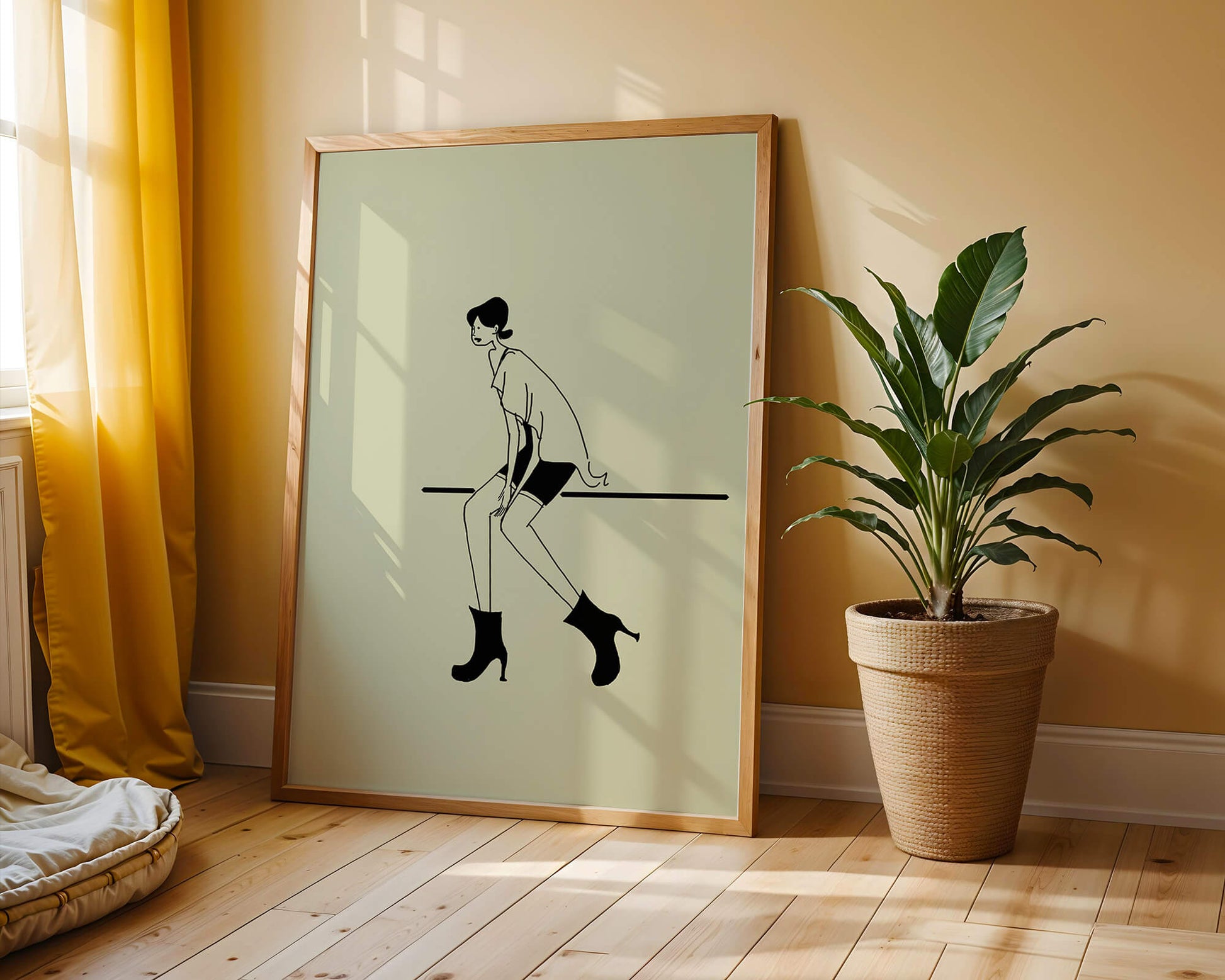 Schicke minimalistische Illustration einer sitzenden Frau in stylischen Stiefeln