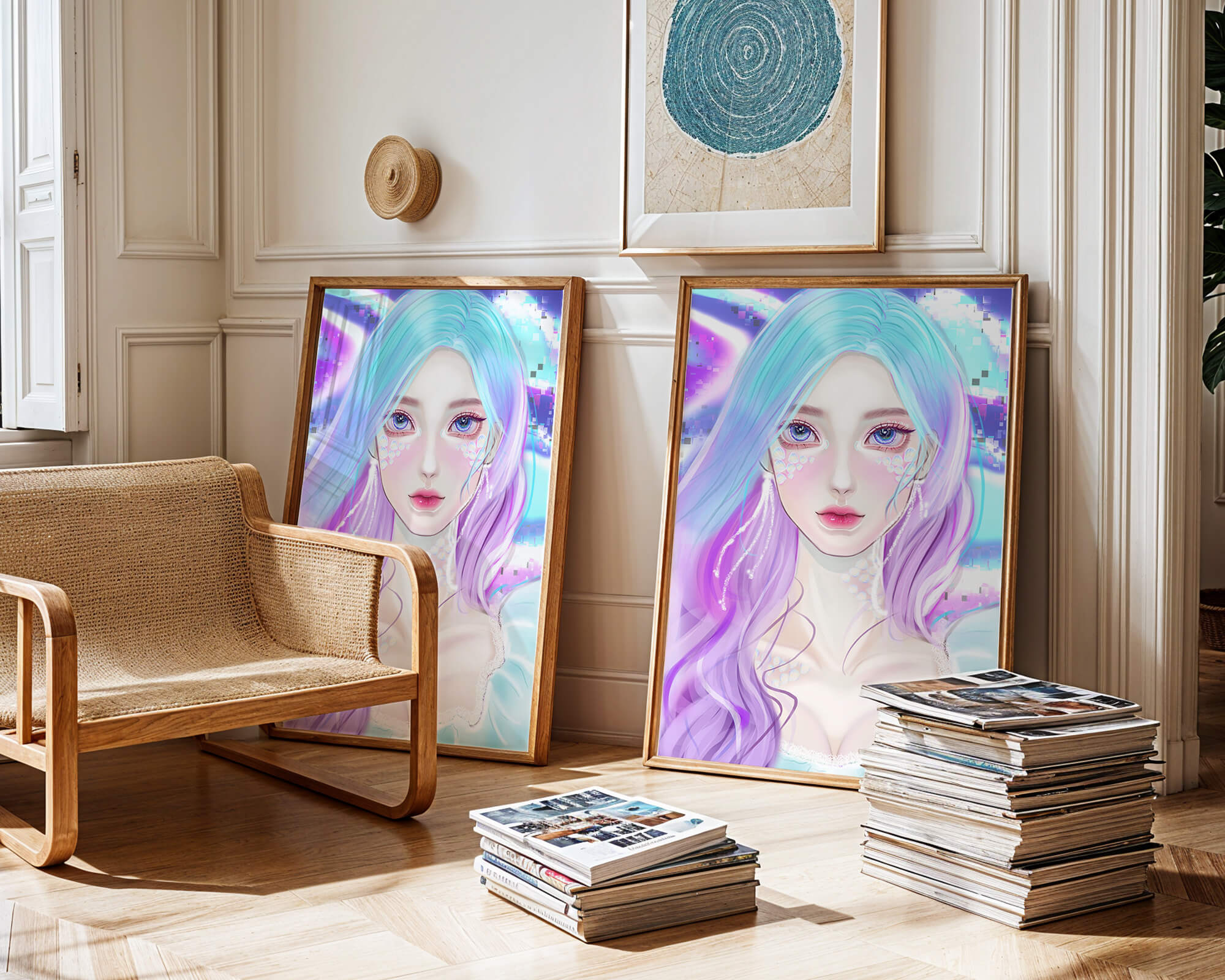 Fantasy portrait of a woman with pastel hair and vibrant features