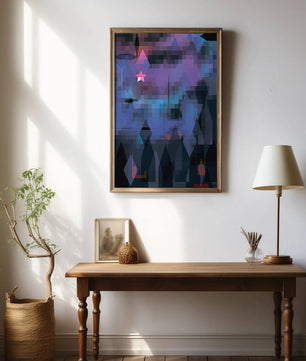 Geometrische abstrakte Kunst in lebhaften Blau- und Lilatönen