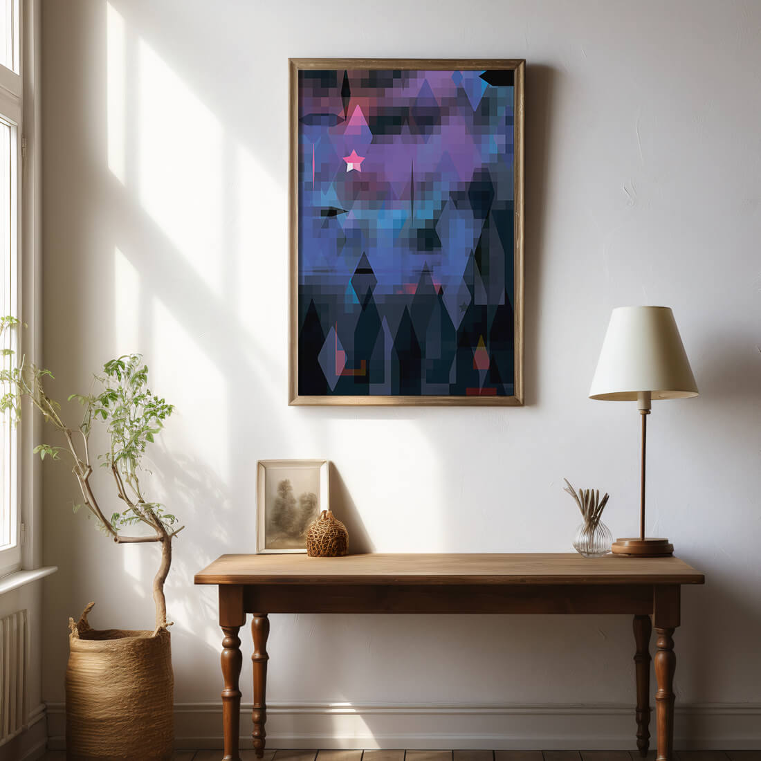 Geometrische abstrakte Kunst in lebhaften Blau- und Lilatönen