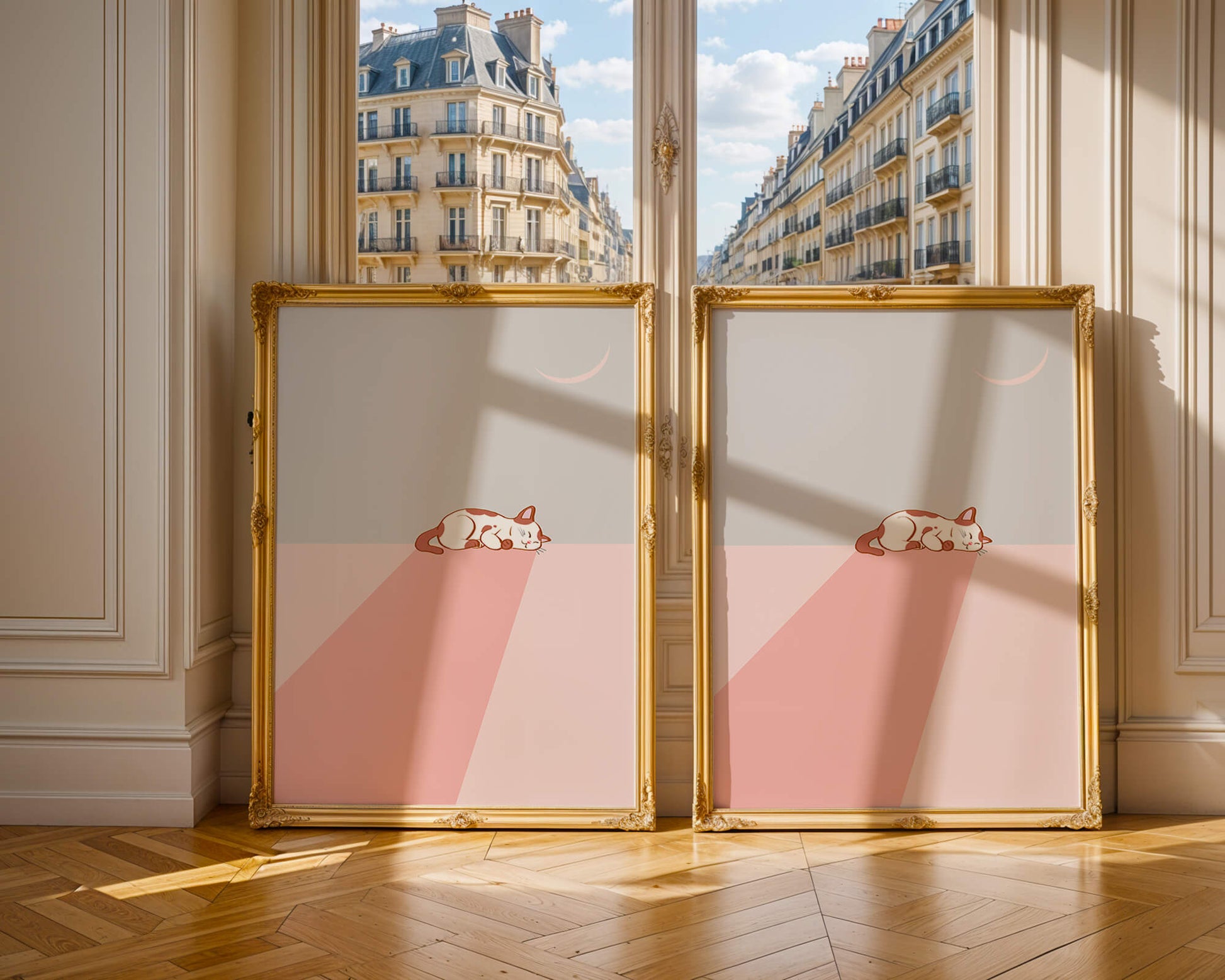 Sleeping Cat in Minimalistic Moonlit Scene