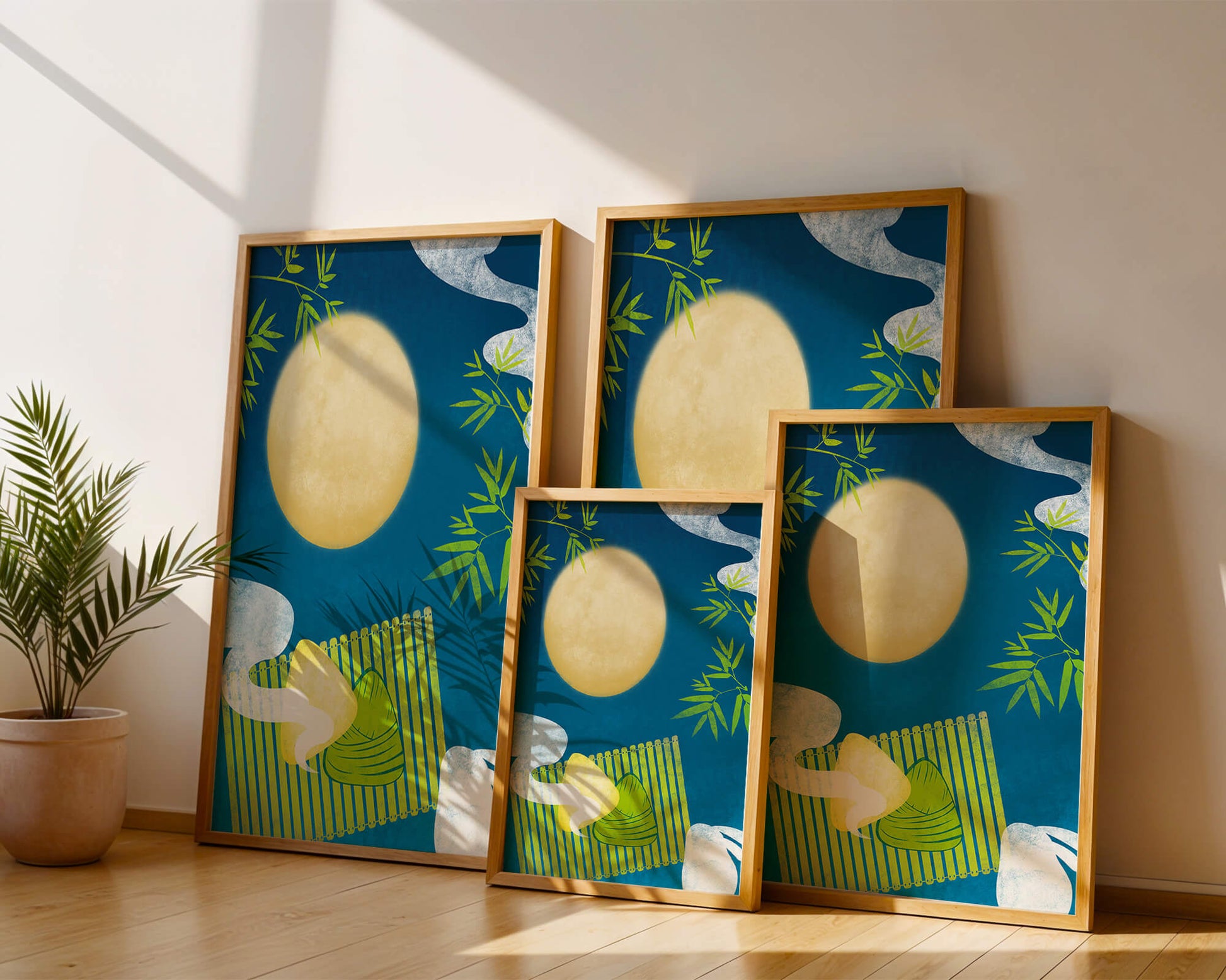 Moonlit night with bamboo and dumplings on a mat